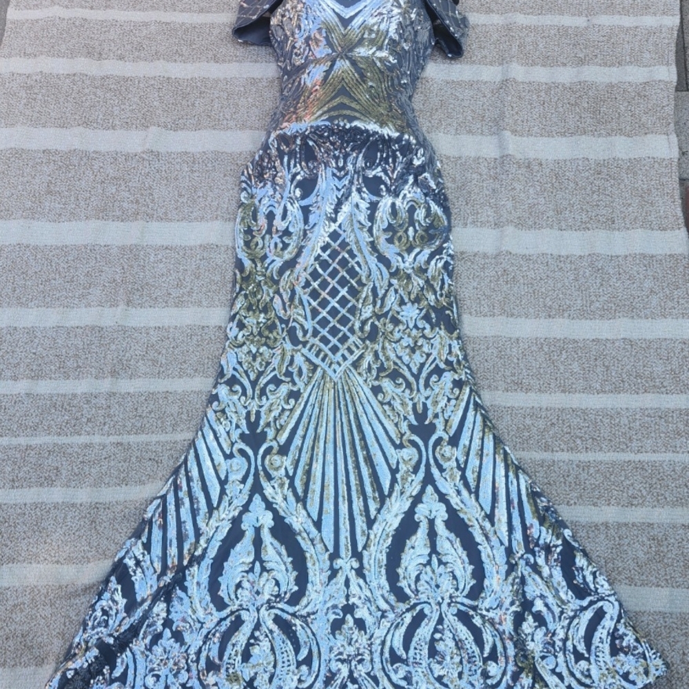 Silver Sequin Embellished Off the Shoulder Prom Gown